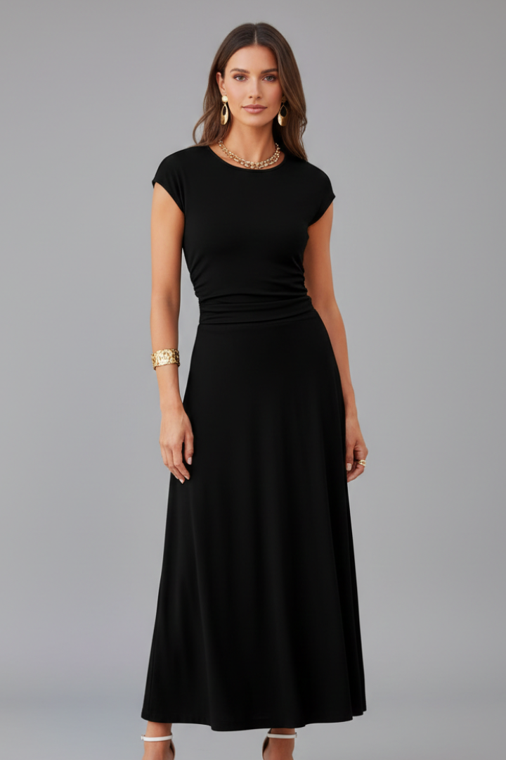 Women's Cap Sleeve Round Neck Midi Dress with High Waist – Flared Textured Day Dress