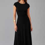 Women's Cap Sleeve Round Neck Midi Dress with High Waist – Flared Textured Day Dress
