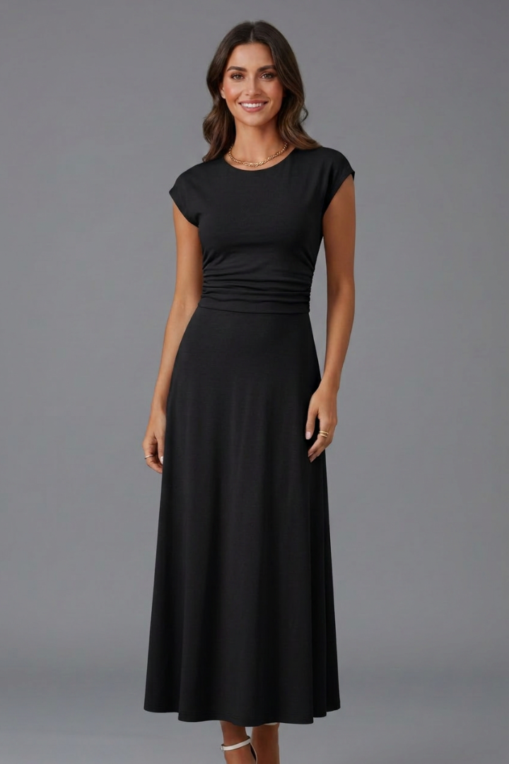 Women's Cap Sleeve Round Neck Midi Dress with High Waist – Flared Textured Day Dress