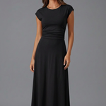 Women's Cap Sleeve Round Neck Midi Dress with High Waist – Flared Textured Day Dress