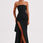 Women's Black Strapless Maxi Dress with Thigh Slit & Ruched Bodice – Formal Evening Gown