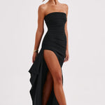 Women's Black Strapless Maxi Dress with Thigh Slit & Ruched Bodice – Formal Evening Gown