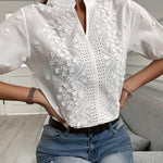 Women's White Floral Embroidered Blouse with Puff Sleeves and Stand Collar – Summer Top
