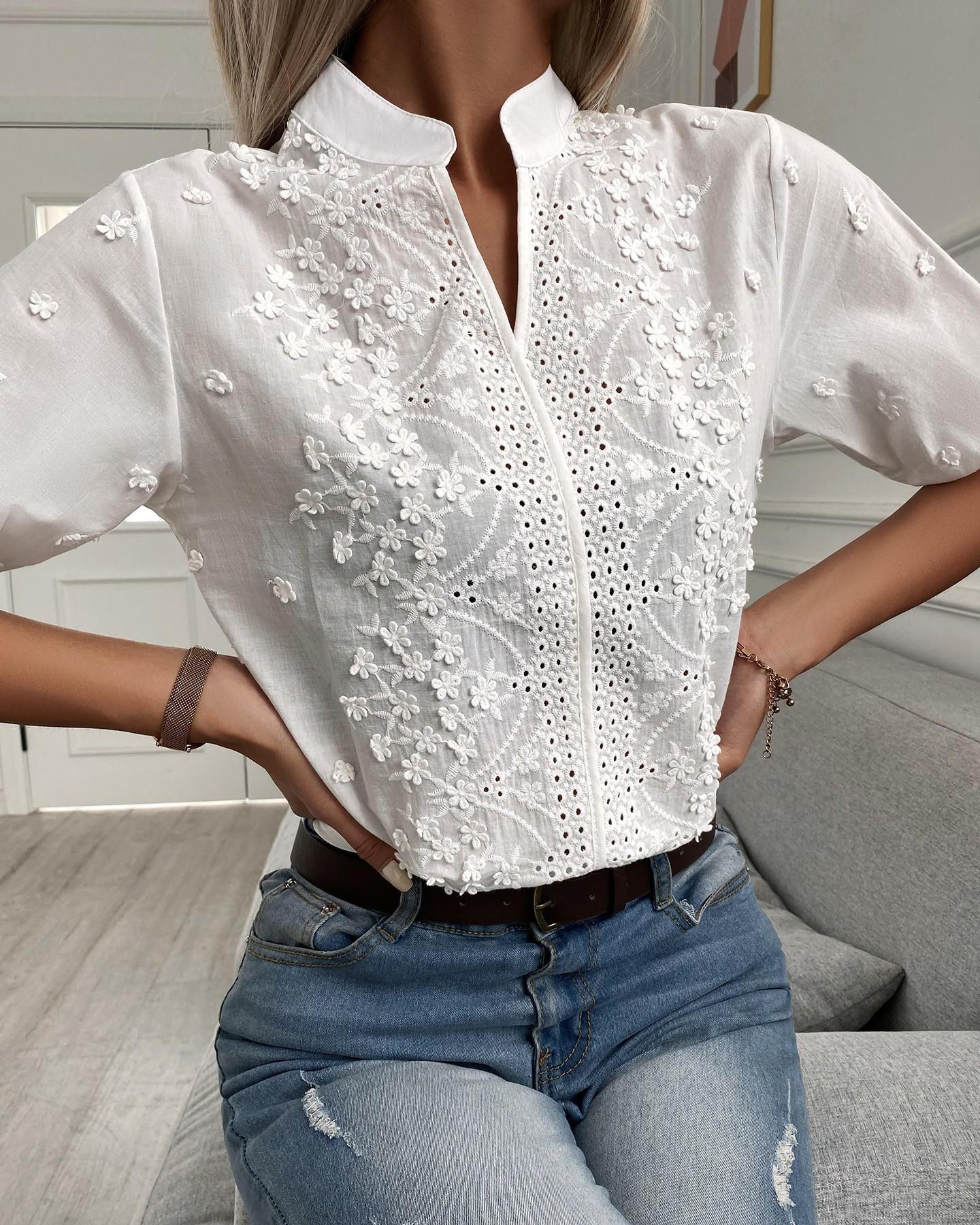 Women's White Floral Embroidered Blouse with Puff Sleeves and Stand Collar – Summer Top