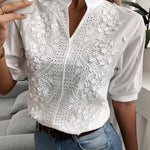 Women's White Floral Embroidered Blouse with Puff Sleeves and Stand Collar – Summer Top