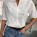 Women's White Floral Embroidered Blouse with Puff Sleeves and Stand Collar – Summer Top