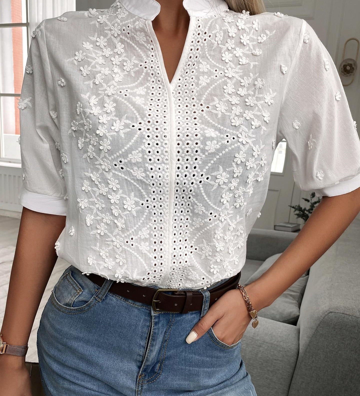 Women's White Floral Embroidered Blouse with Puff Sleeves and Stand Collar – Summer Top