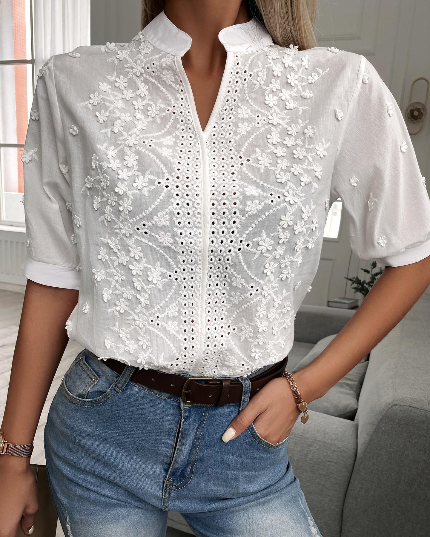 Women's White Floral Embroidered Blouse with Puff Sleeves and Stand Collar – Summer Top