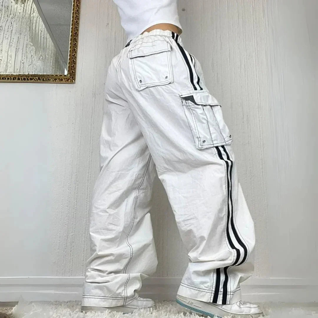 Women's Baggy Wide Leg Cargo Pants with Side Stripes & Drawstring Waist – Casual Streetwear