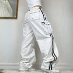 Women's Baggy Wide Leg Cargo Pants with Side Stripes & Drawstring Waist – Casual Streetwear