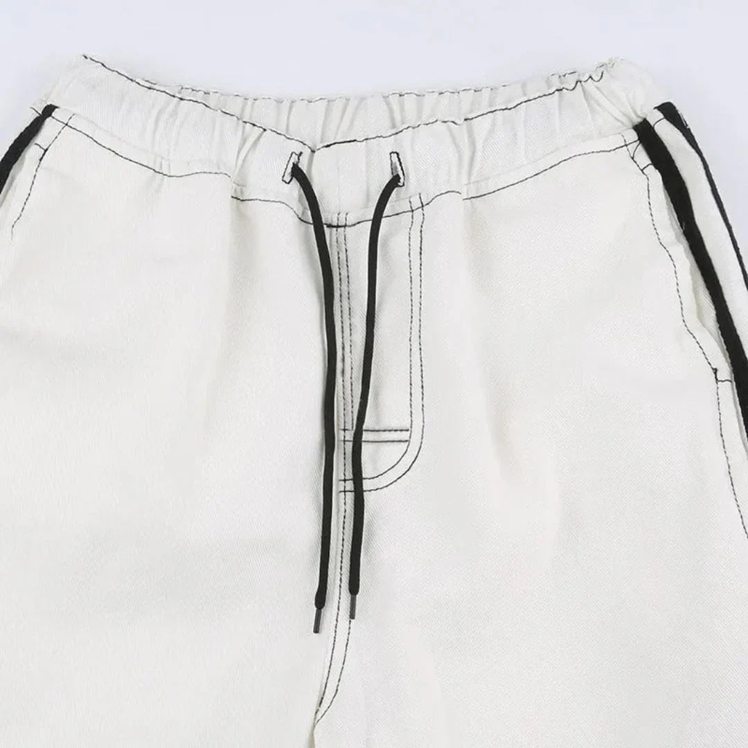 Women's Baggy Wide Leg Cargo Pants with Side Stripes & Drawstring Waist – Casual Streetwear