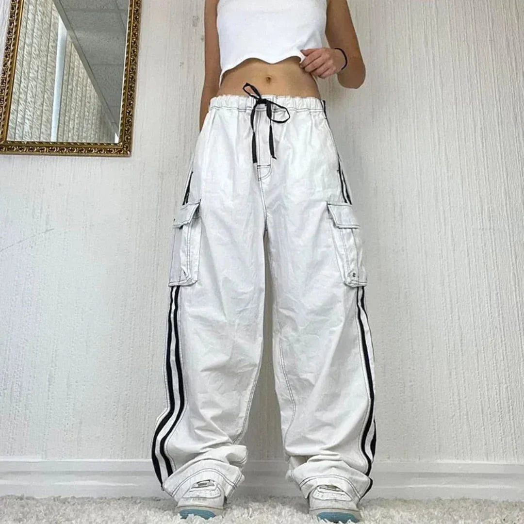 Women's Baggy Wide Leg Cargo Pants with Side Stripes & Drawstring Waist – Casual Streetwear