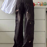 Women's Cargo Wide Leg Jeans with Distressed Rips – High Rise Baggy Black Jeans