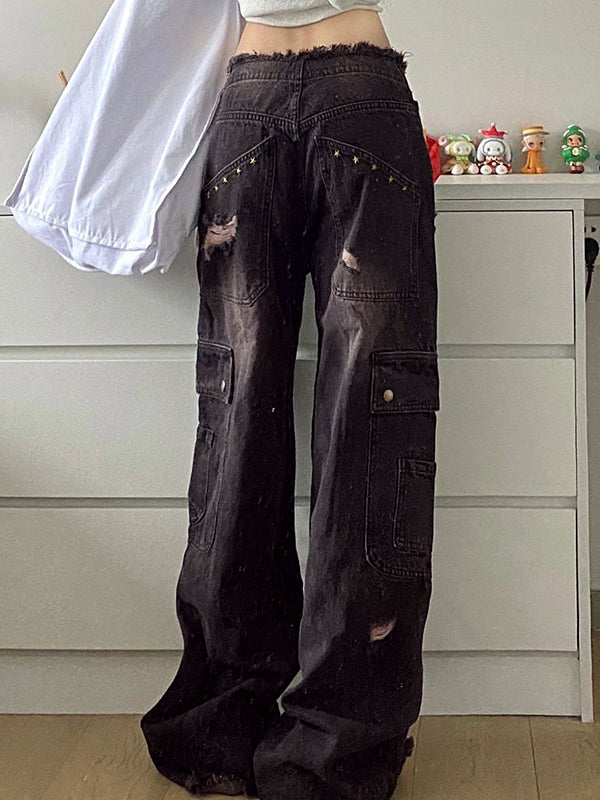 Women's Cargo Wide Leg Jeans with Distressed Rips – High Rise Baggy Black Jeans