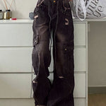 Women's Cargo Wide Leg Jeans with Distressed Rips – High Rise Baggy Black Jeans