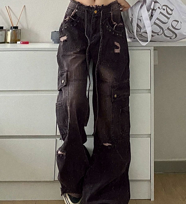 Women's Cargo Wide Leg Jeans with Distressed Rips – High Rise Baggy Black Jeans