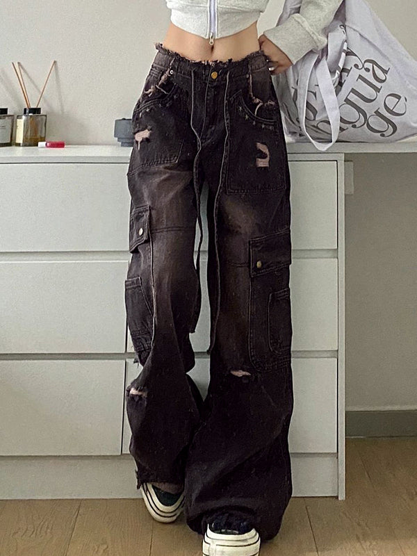 Women's Cargo Wide Leg Jeans with Distressed Rips – High Rise Baggy Black Jeans
