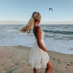 Women's White Halter Neck Mini Dress with Floral Embroidery – Beach Wedding Cocktail Dress