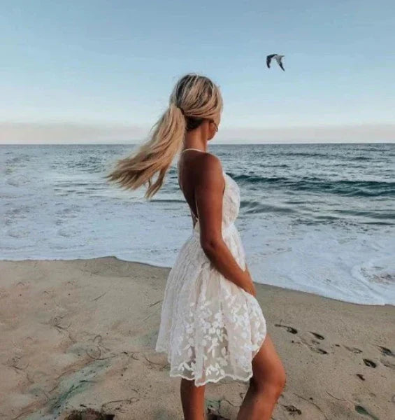 Women's White Halter Neck Mini Dress with Floral Embroidery – Beach Wedding Cocktail Dress