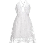 Women's White Halter Neck Mini Dress with Floral Embroidery – Beach Wedding Cocktail Dress