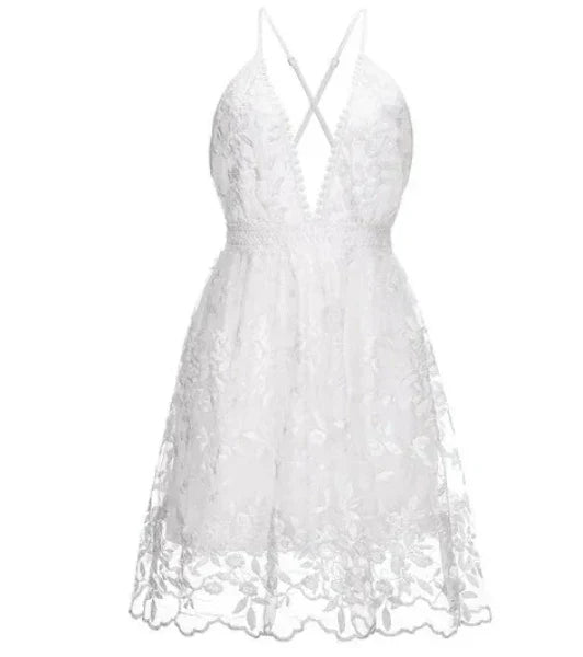 Women's White Halter Neck Mini Dress with Floral Embroidery – Beach Wedding Cocktail Dress
