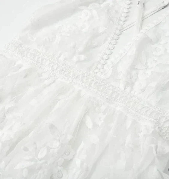 Women's White Halter Neck Mini Dress with Floral Embroidery – Beach Wedding Cocktail Dress