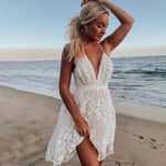 Women's White Halter Neck Mini Dress with Floral Embroidery – Beach Wedding Cocktail Dress