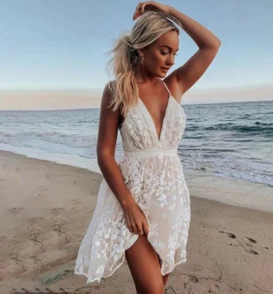 Women's White Halter Neck Mini Dress with Floral Embroidery – Beach Wedding Cocktail Dress