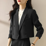 Women's Cropped Double-Breasted Blazer with Peak Lapel & Welt Chest Pocket – Workwear Jacket