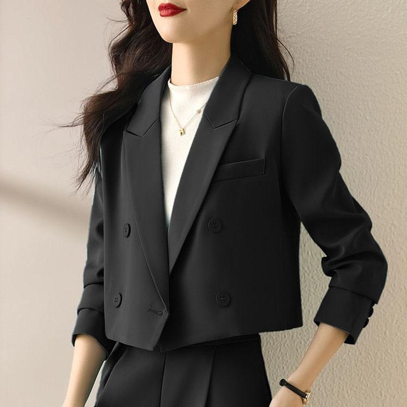 Women's Cropped Double-Breasted Blazer with Peak Lapel & Welt Chest Pocket – Workwear Jacket