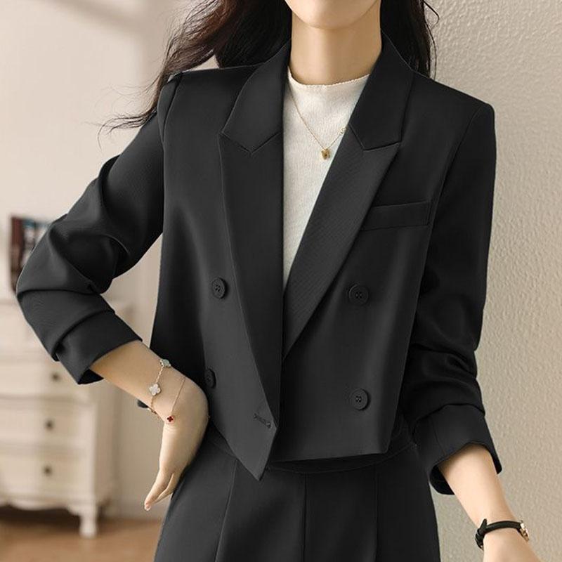 Women's Cropped Double-Breasted Blazer with Peak Lapel & Welt Chest Pocket – Workwear Jacket