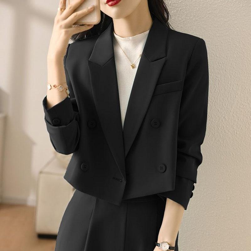 Women's Cropped Double-Breasted Blazer with Peak Lapel & Welt Chest Pocket – Workwear Jacket