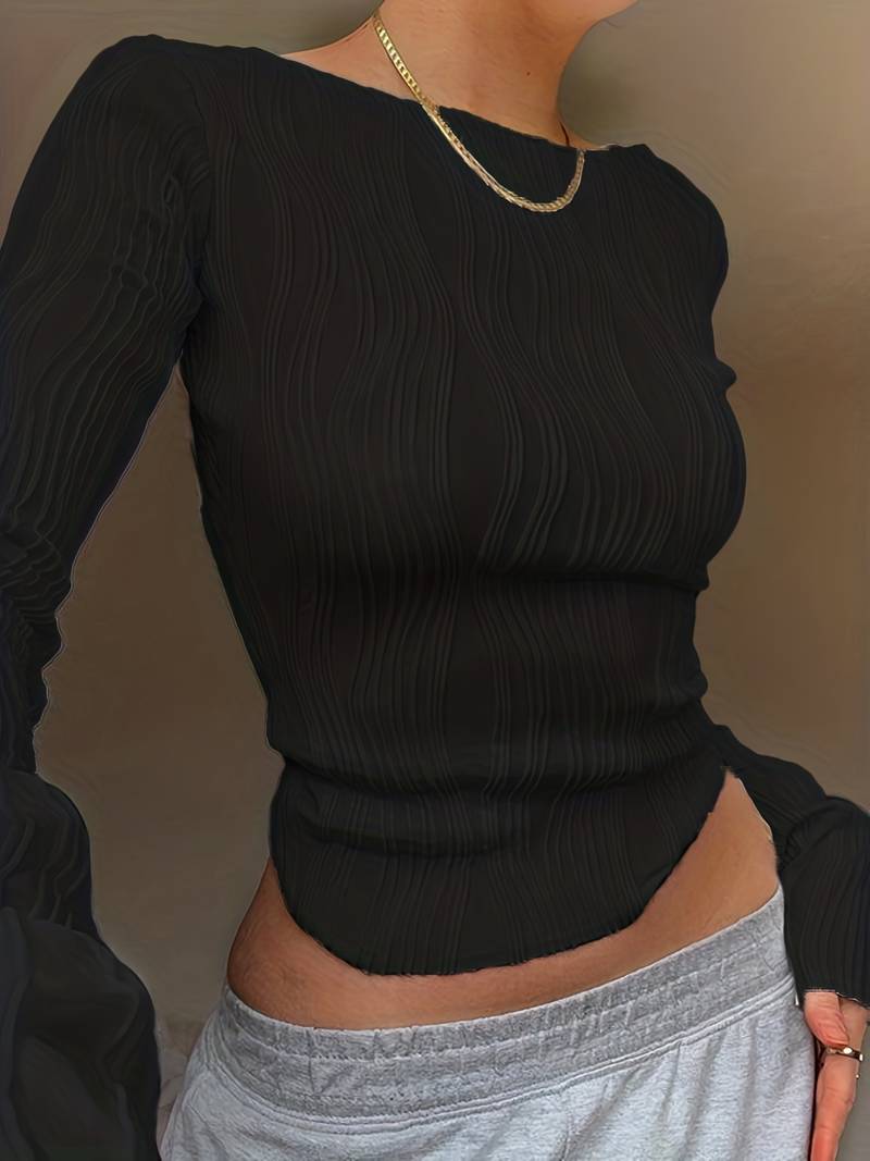 Women's Wave Texture Cropped Top – Long Sleeve Fitted Top with Puff Cuffs