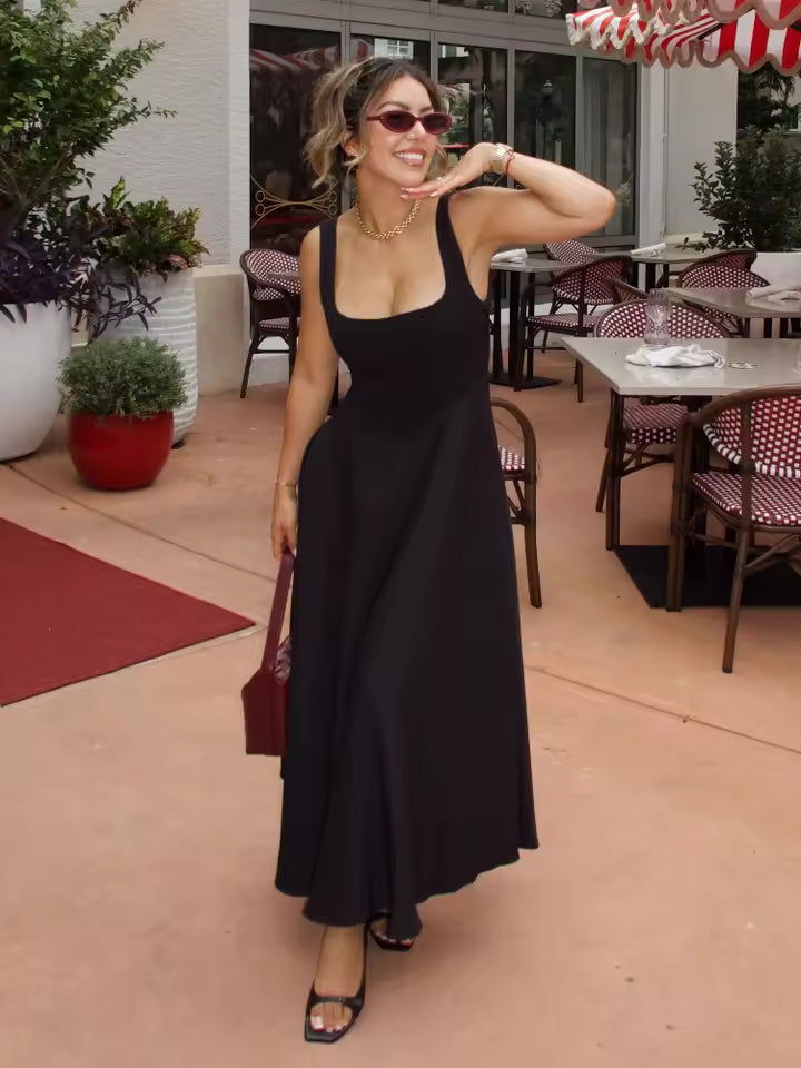 Women's Black Formal Midi Dress – Elegant Evening Dress for Dinners, Parties & Events