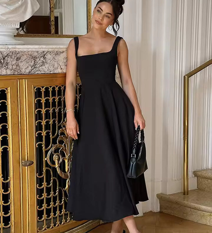 Women's Black Formal Midi Dress – Elegant Evening Dress for Dinners, Parties & Events