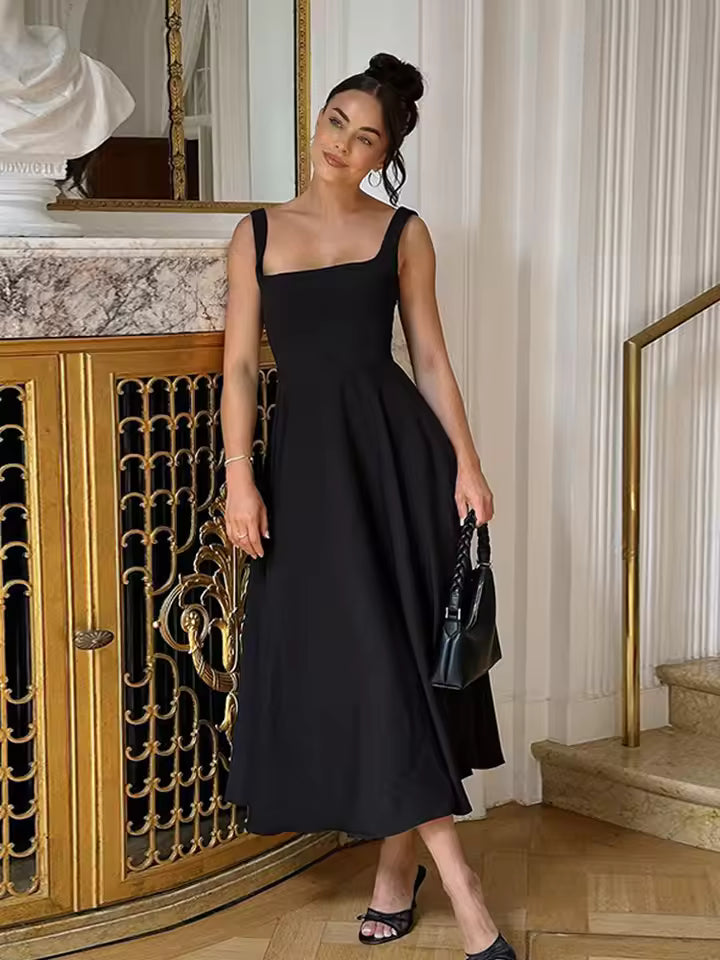 Women's Black Formal Midi Dress – Elegant Evening Dress for Dinners, Parties & Events
