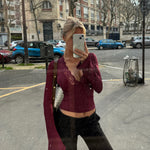 Women's Burgundy Deep V-Neck Crop Top with Flared Sleeves and Scallop Trim – Evening Top