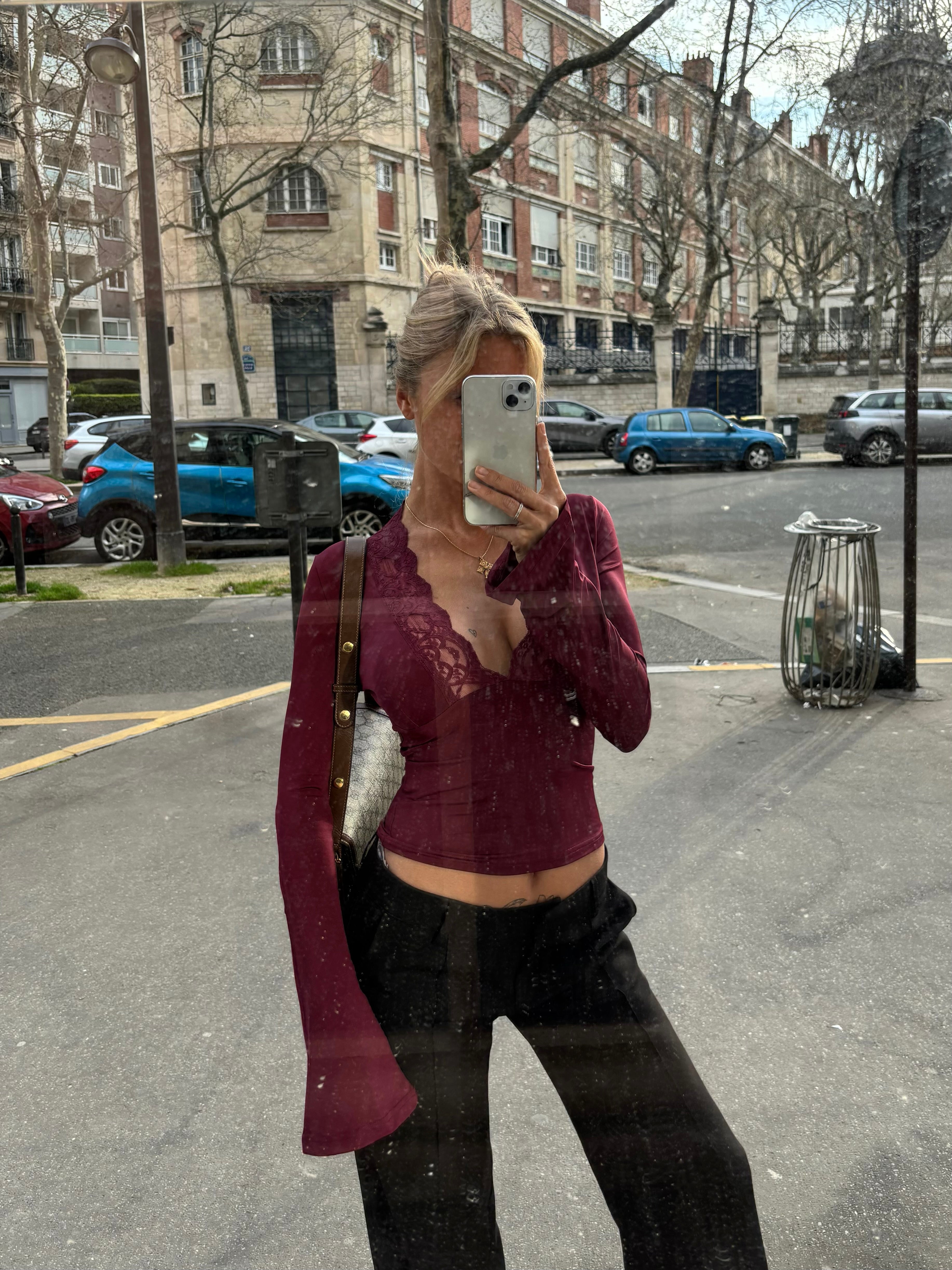 Women's Burgundy Deep V-Neck Crop Top with Flared Sleeves and Scallop Trim – Evening Top