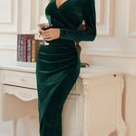 Women's Long Sleeve V Neck Wrap Midi Dress – Formal Dress for Dinners & Receptions