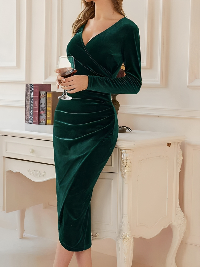 Women's Long Sleeve V Neck Wrap Midi Dress – Formal Dress for Dinners & Receptions