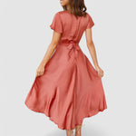 Women's V-Neck Wrap Midi Dress – Self-Tie Waist Formal Cocktail Dress