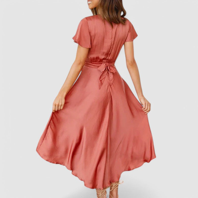 Women's V-Neck Wrap Midi Dress – Self-Tie Waist Formal Cocktail Dress