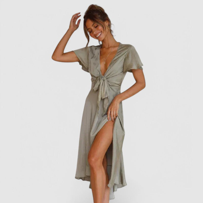 Women's V-Neck Wrap Midi Dress – Self-Tie Waist Formal Cocktail Dress