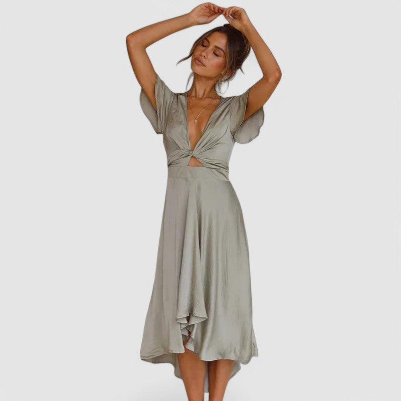 Women's V-Neck Wrap Midi Dress – Self-Tie Waist Formal Cocktail Dress
