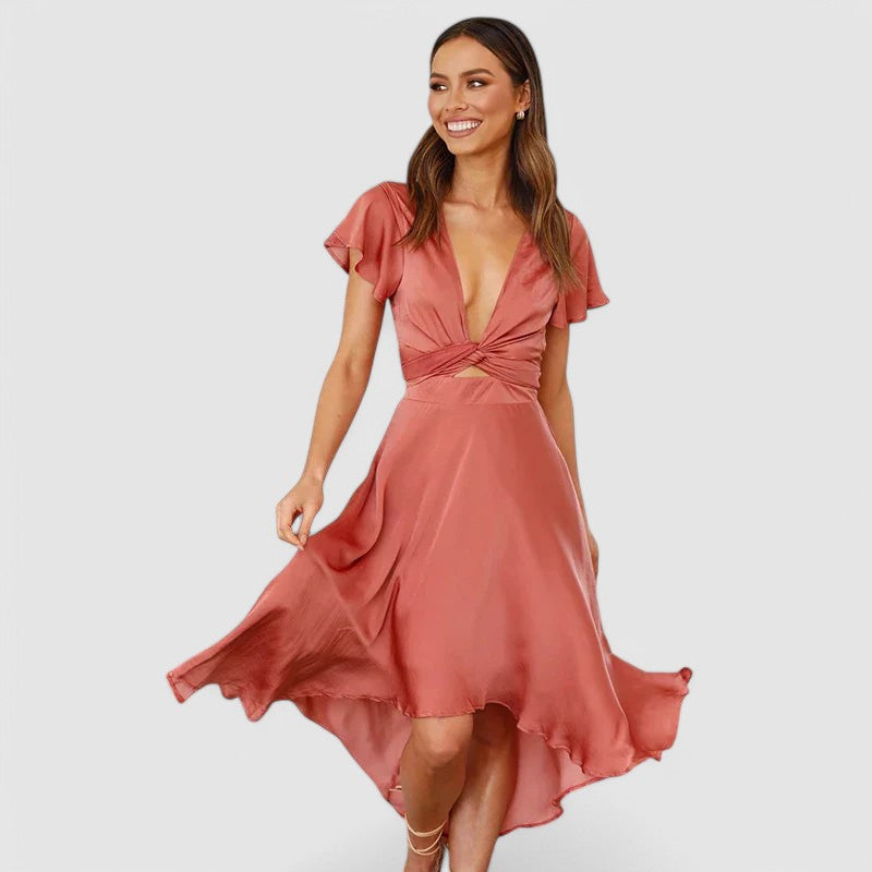 Women's V-Neck Wrap Midi Dress – Self-Tie Waist Formal Cocktail Dress