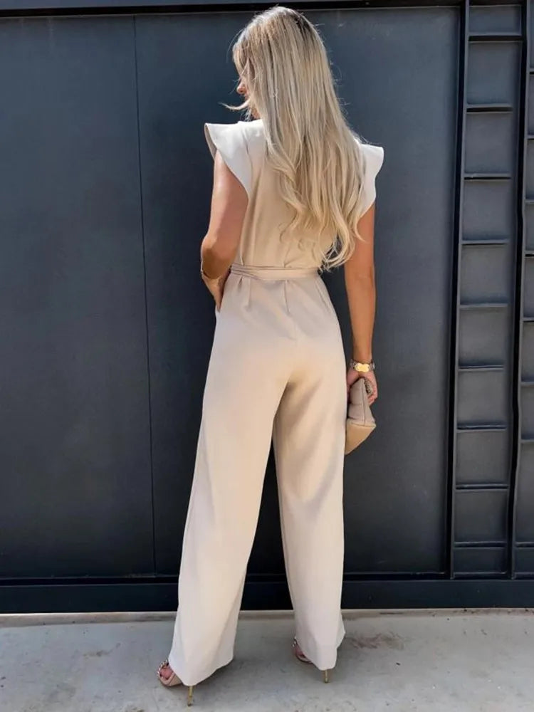 Women's Flutter Sleeve Wide Leg Jumpsuit with Tie Belt – Formal Wedding Guest Jumpsuit