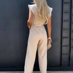 Women's Flutter Sleeve Wide Leg Jumpsuit with Tie Belt – Formal Wedding Guest Jumpsuit