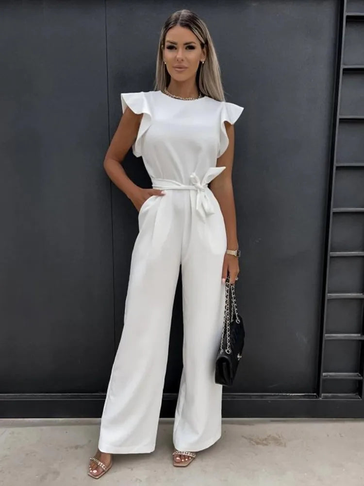 Women's Flutter Sleeve Wide Leg Jumpsuit with Tie Belt – Formal Wedding Guest Jumpsuit