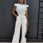 Women's Flutter Sleeve Wide Leg Jumpsuit with Tie Belt – Formal Wedding Guest Jumpsuit