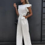 Women's Flutter Sleeve Wide Leg Jumpsuit with Tie Belt – Formal Wedding Guest Jumpsuit